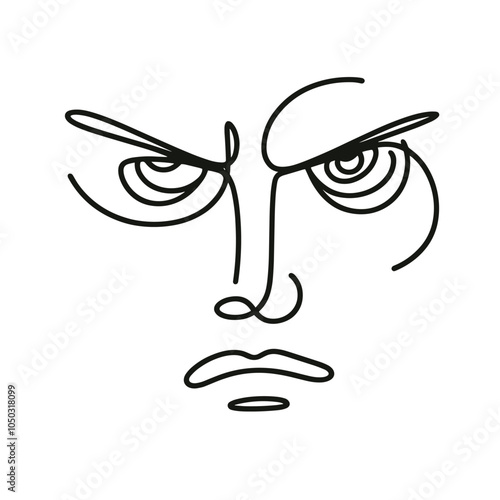 Minimalistic line art of an intense facial expression. Angry person.