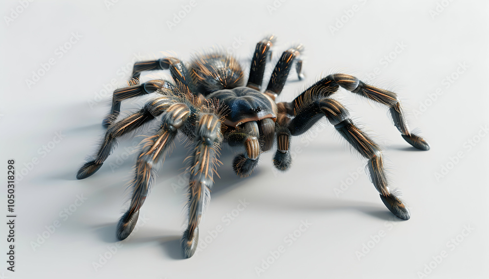 A large, hairy spider with black and orange stripes on its legs is isolated on a white background. A large, hairy spider with black and orange stripes on its legs is isolated on a white background.