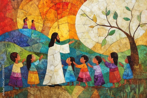 A Gospel story art piece illustrating the moment of Jesus blessing the children, with gentle colors and expressive figures.