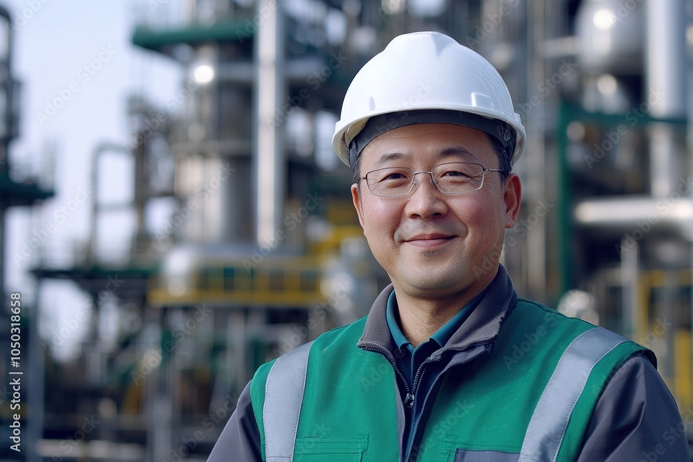 A Chinese geophysical or chemical engineer man. The engineer works in an oil refinery. The engineer smiles. A Chinese geophysical or chemical engineer man. The engineer works in an oil refinery. The engineer smiles.
