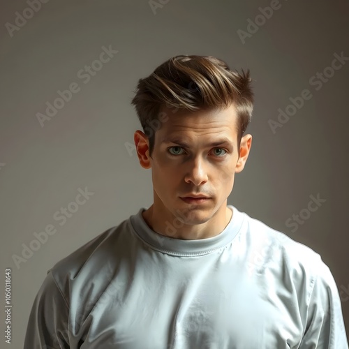 Young Man in Casual Shirt with Short Hair Studio Portrait