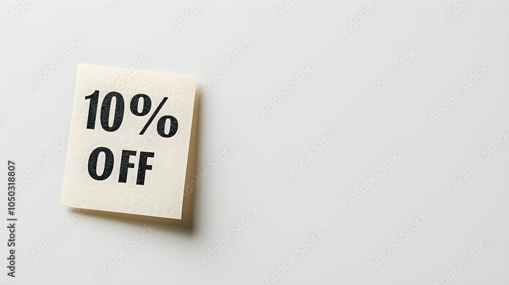 Black '10% OFF' Text on a Ivory Square Paper Note. White Background with Copy Space Black '10% OFF' Text on a Ivory Square Paper Note. White Background with Copy Space