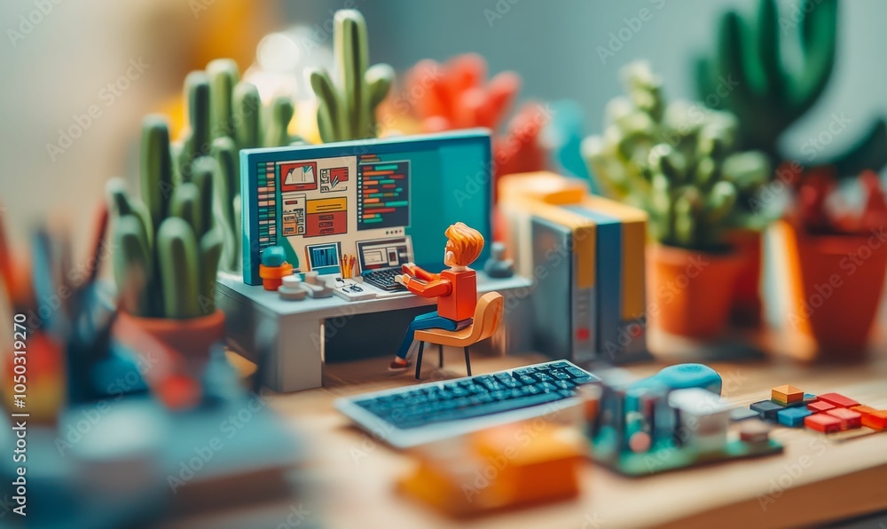 Figurines in a miniature office setting. Figurines in a miniature office setting.