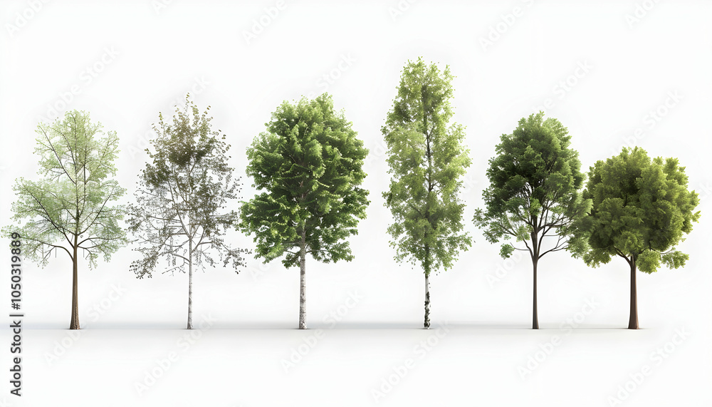 Six different trees, isolated on white background, arranged in a row from left to right, with variations in size, color, and leaf density. Six different trees, isolated on white background, arranged in a row from left to right, with variations in size, color, and leaf density.