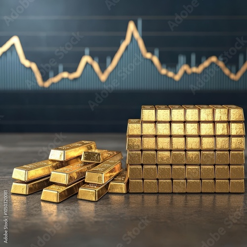 Gold bars stacked high next to a success graph, representing financial triumph photo