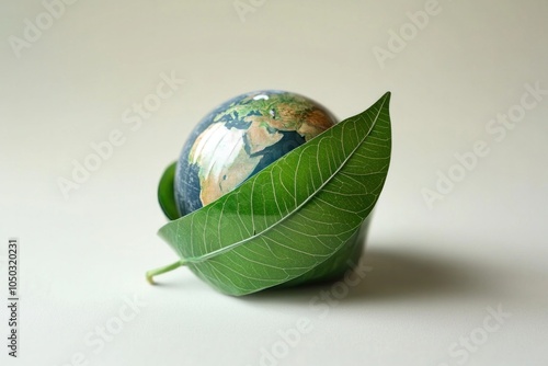 An eco icon with a globe wrapped in a green leaf, conveying global environmental awareness. photo