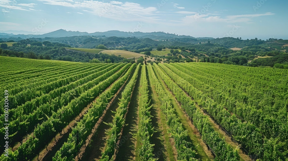 Aerial view of lush vineyards on rolling hills under a clear blue sky. Aerial view of lush vineyards on rolling hills under a clear blue sky.