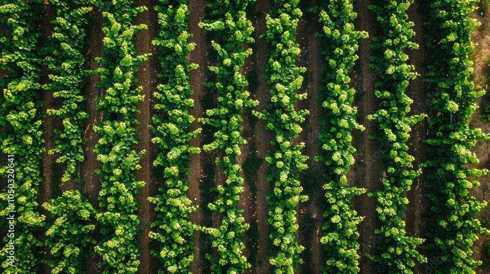 Aerial view of vibrant green tree rows during sunny day. Aerial view of vibrant green tree rows during sunny day.