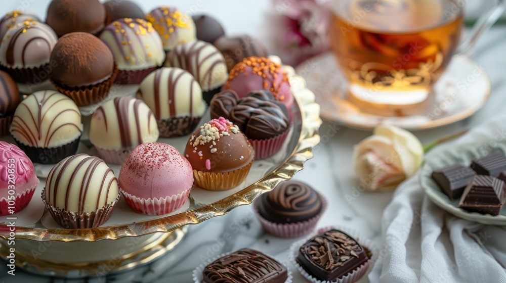 Assorted gourmet chocolate on a stylish plate with a cup of tea. Assorted gourmet chocolate on a stylish plate with a cup of tea.