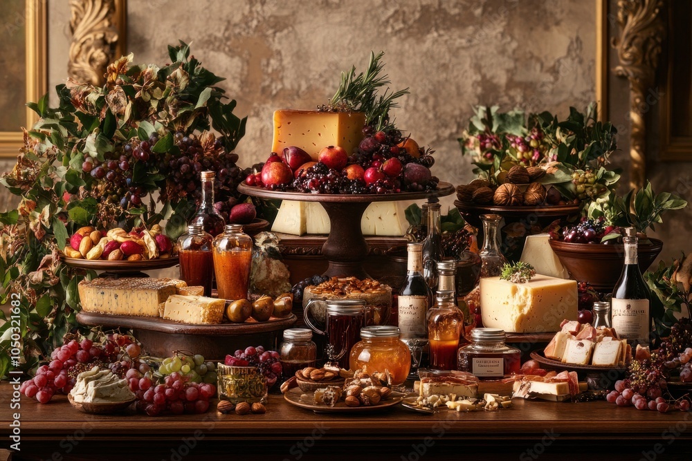 Cheese pairing display, highlighting combinations with fruits, nuts, and honey jars, presented in a sophisticated dining setting Cheese pairing display, highlighting combinations with fruits, nuts, and honey jars, presented in a sophisticated dining setting
