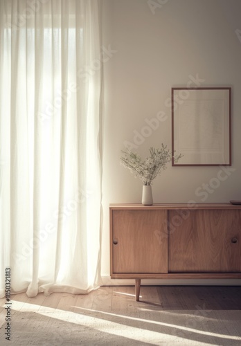 Serene Scandinavian-style sideboard featuring wooden legs, set against white walls.