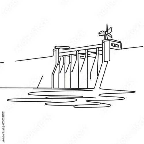 Line art illustration of a hydroelectric dam with wind turbine