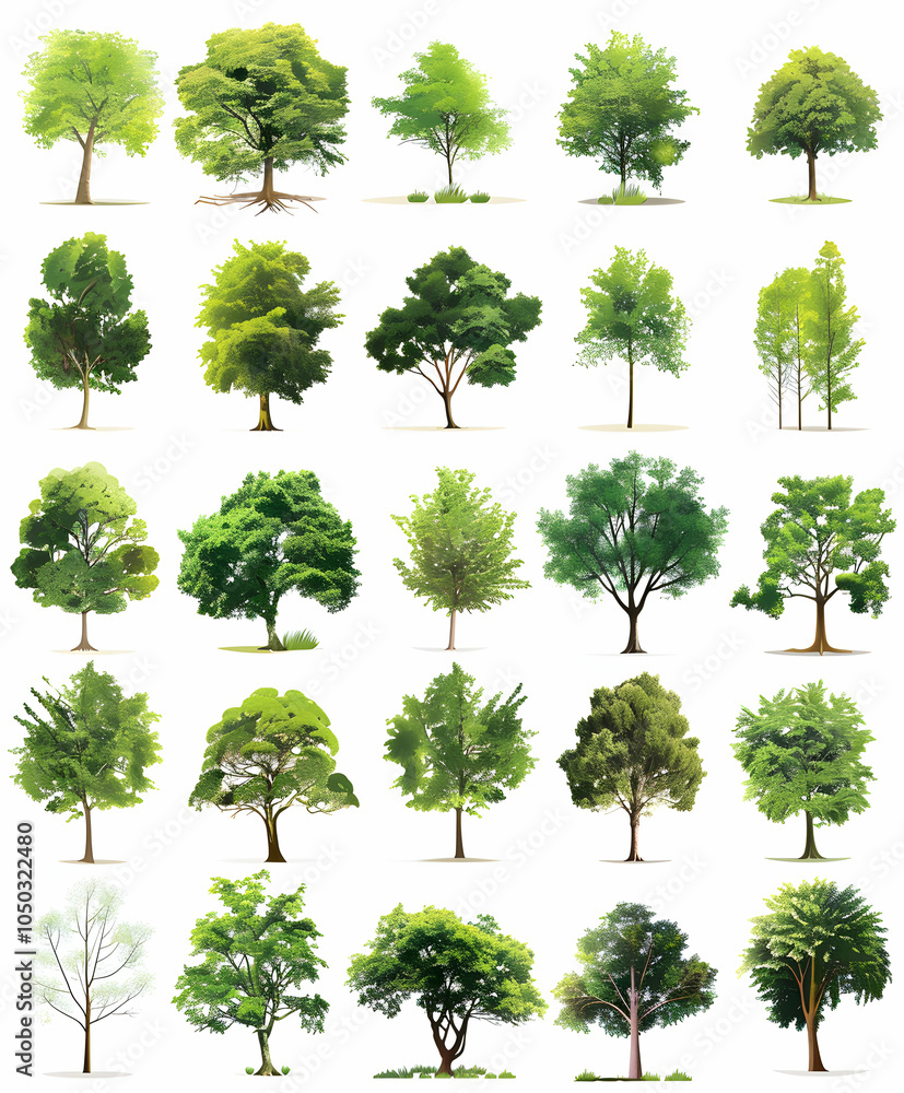 Fototapeta premium A collection of 25 watercolor style illustrations of various trees, isolated on a white background.
