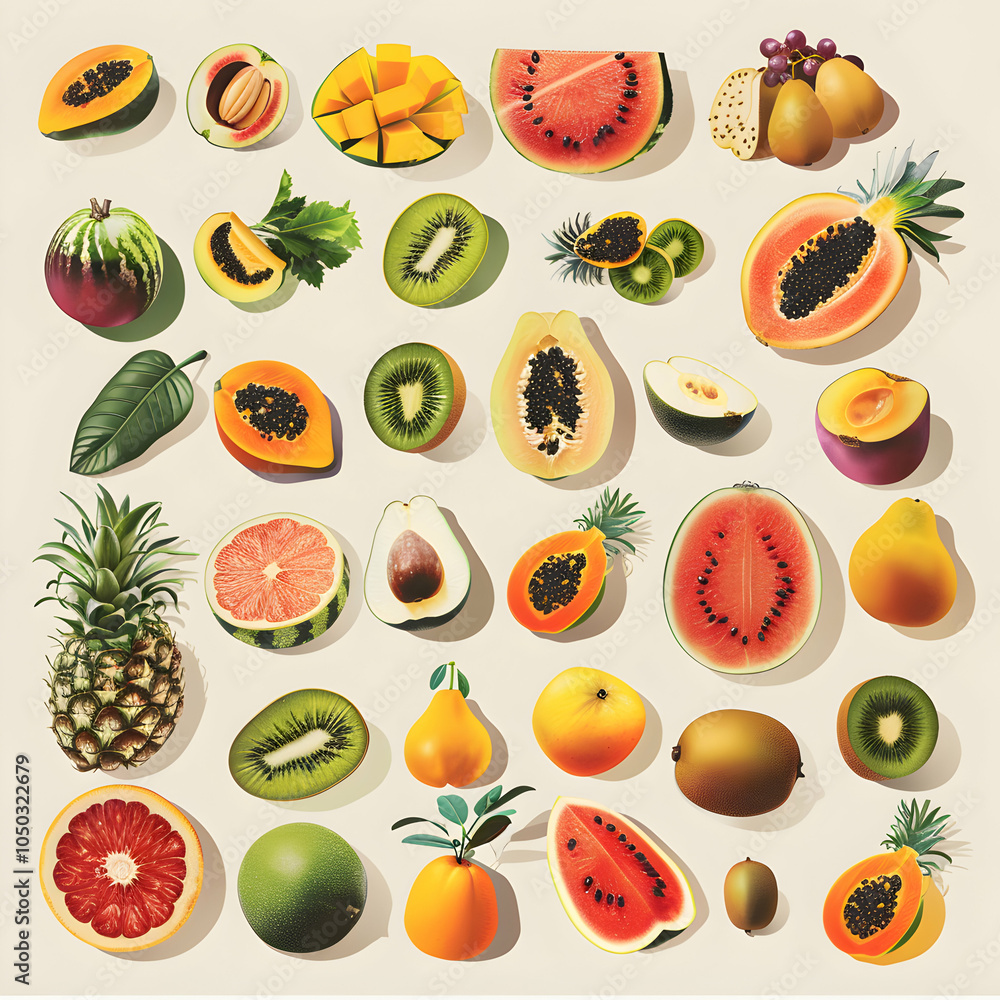 A collection of various fruits, some whole and some cut in half, arranged on a white background. A collection of various fruits, some whole and some cut in half, arranged on a white background.