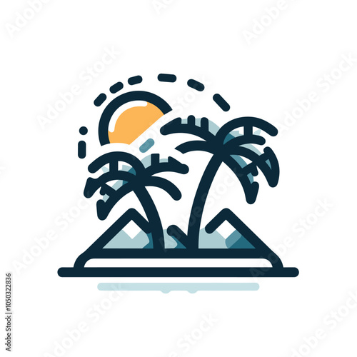 Minimalist tropical island illustration with palm trees and sunset