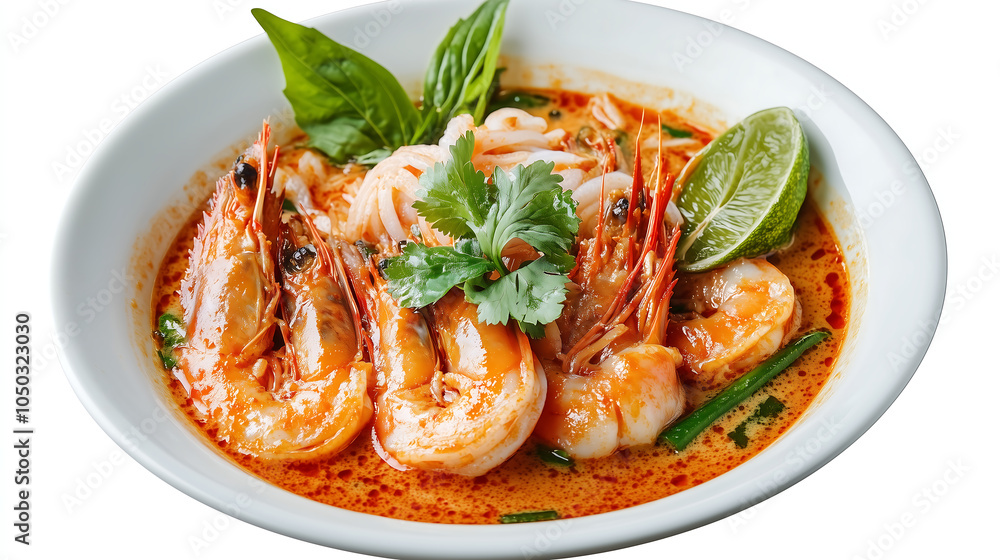 the top-down view of the beautifully plated Tom Yum Goong in a white bowl, isolated as requested. the top-down view of the beautifully plated Tom Yum Goong in a white bowl, isolated as requested.