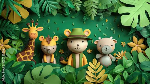 Cute jungle animals with foliage, ideal for children's themes.