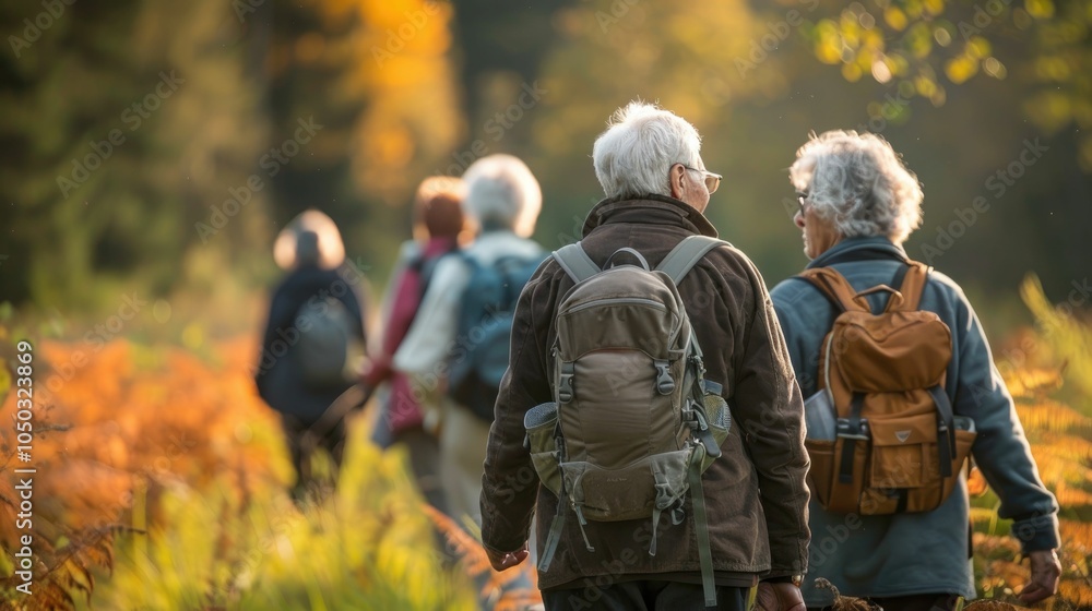 Elderly hikers enjoying nature on a scenic trail during autumn. Elderly hikers enjoying nature on a scenic trail during autumn.