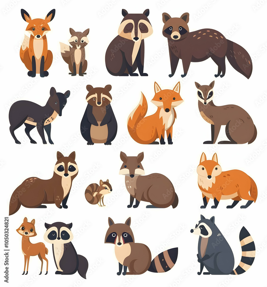 Fototapeta premium Set of cartoon foxes and raccoons in various poses.