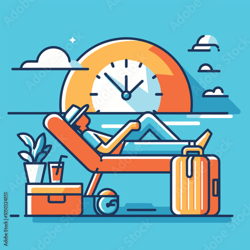 Relaxed travel concept with luggage and sunset illustration. Free time 