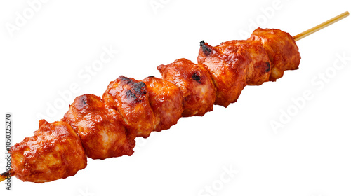tandoori chicken skewer isolated on white background, spicy grilled indian chicken kebab, traditional indian cuisine, cut out