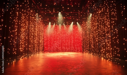 Glittering Red Golden Stage with Sparkling Lights, Festive Ceremony Setting, Glamorous Event Preparation, Dark Background, Celebratory Atmosphere, Ready for Upcoming, Generative AI