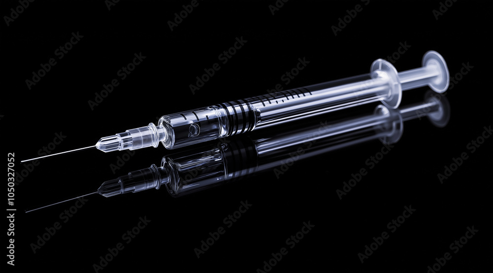 A syringe with clear liquid, simple and minimalist design, 3D rendering, black background, studio lighting, high-resolution photography, hyper-realistic, hyper-detailed, super-real A syringe with clear liquid, simple and minimalist design, 3D rendering, black background, studio lighting, high-resolution photography, hyper-realistic, hyper-detailed, super-real