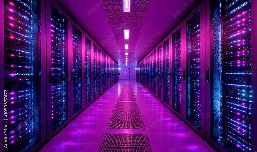 Fototapeta premium Futuristic Data Center Corridor with Blue and Purple LED Lights between High-Speed Computing Servers for Internet and Cloud Services, Generative AI