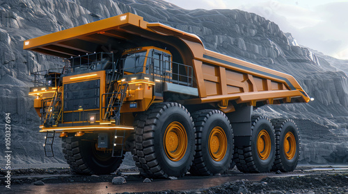 Heavy-duty dump truck on rugged terrain, showcasing construction capability. photo