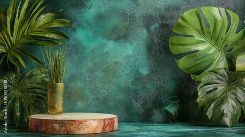 Lush green foliage against a textured backdrop with a wooden pedestal.