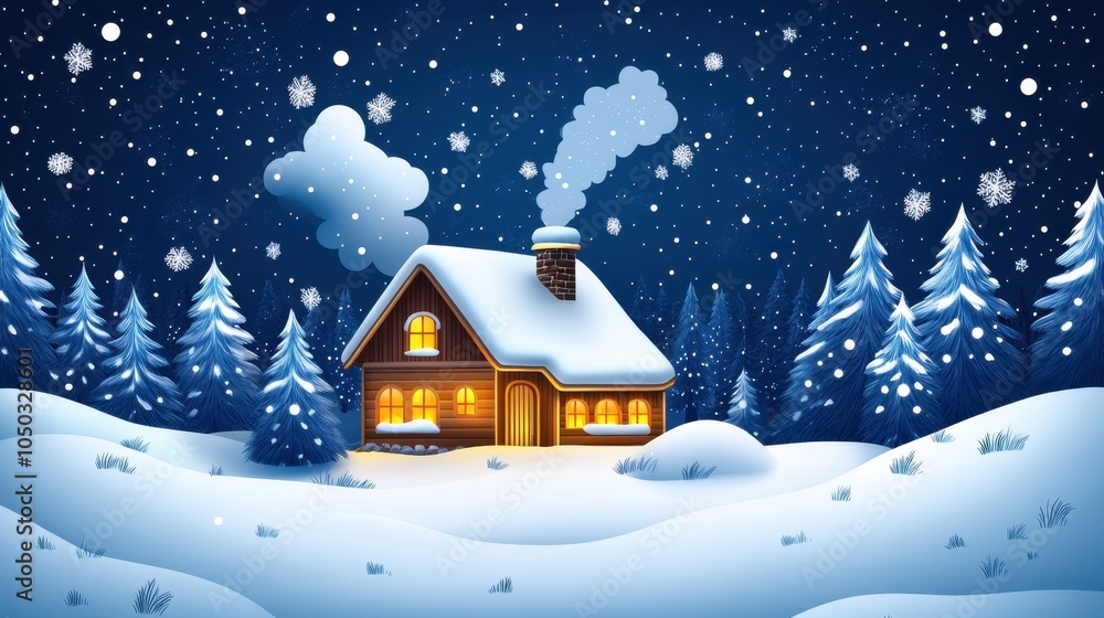 A cozy cabin nestled in the snowy forest under a starry night sky brings warmth and tranquility to a winter evening A cozy cabin nestled in the snowy forest under a starry night sky brings warmth and tranquility to a winter evening