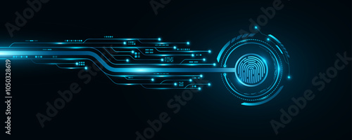 Fingerprint scan with futuristic HUD circle and glowing computer circuit board. Biometric data security. Hi-tech touch screen button for user interface design. Vector illustration. EPS 10.