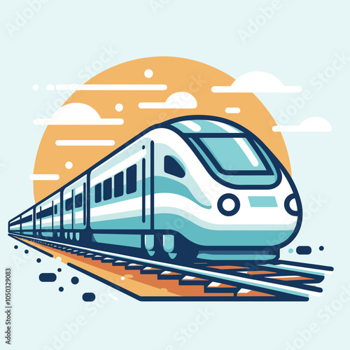 Modern highspeed train illustration with sunrise background
