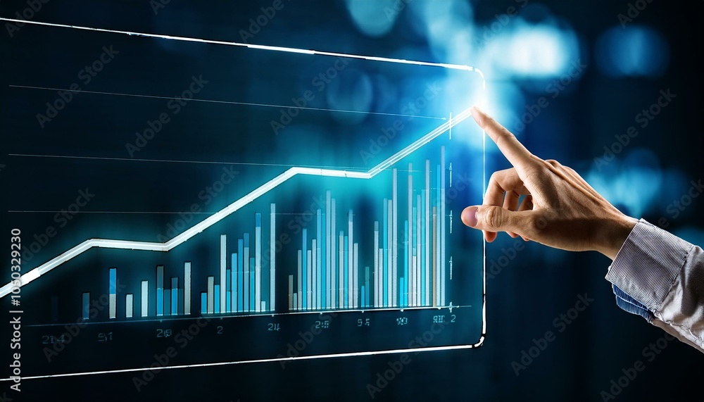 Hand interacting with upward-trending bar chart on digital screen background. Hand interacting with upward-trending bar chart on digital screen background.