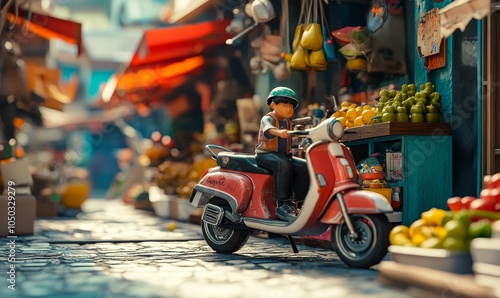 A man rides a red scooter past a market stall.