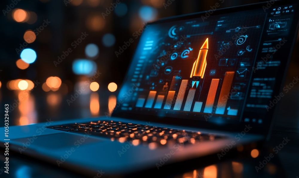 Creative Online Startup Concept with Laptop Showing Bar Graph and Pencil Rocket Symbolizing Growth and Innovation in Technology and Business, Generative AI Creative Online Startup Concept with Laptop Showing Bar Graph and Pencil Rocket Symbolizing Growth and Innovation in Technology and Business, Generative AI