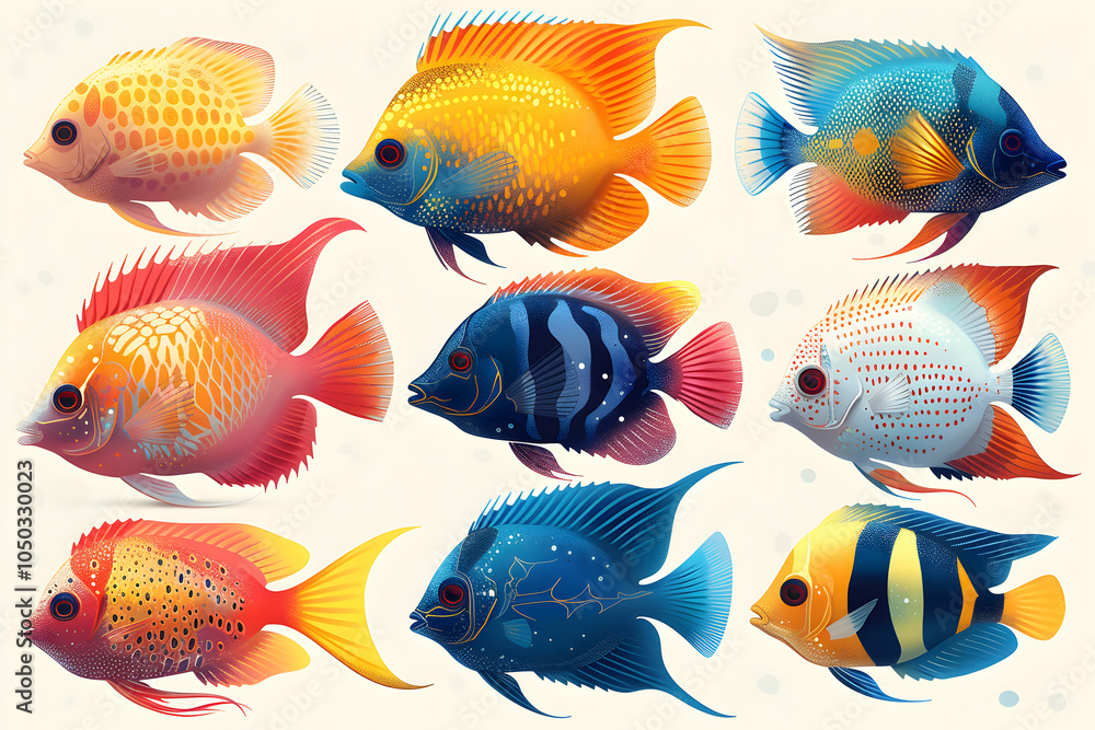 Fototapeta premium A set of nine colorful angelfish illustrations, with various patterns and fin shapes.