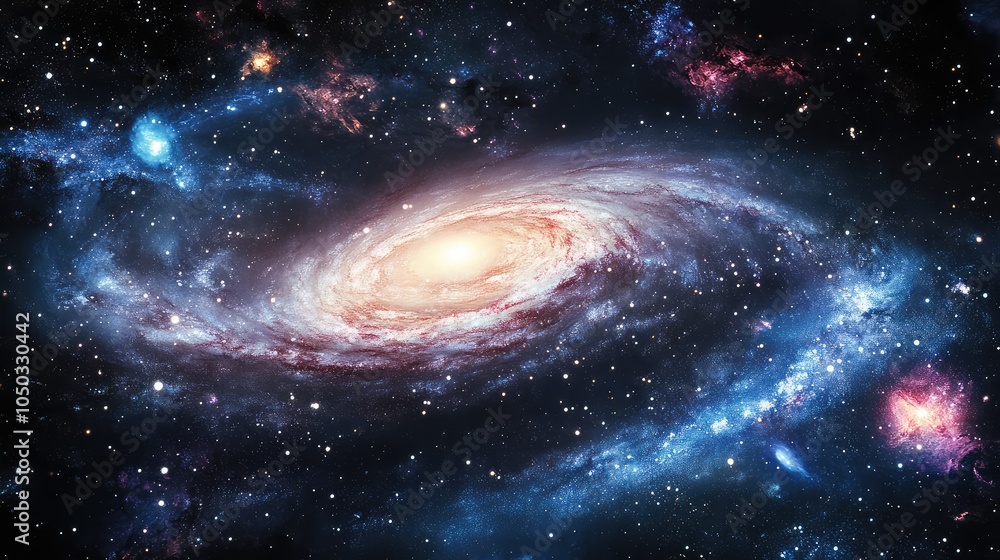 A majestic galaxy swirl with glowing arms radiating from the center, surrounded by distant stars and colorful nebulae in deep space A majestic galaxy swirl with glowing arms radiating from the center, surrounded by distant stars and colorful nebulae in deep space