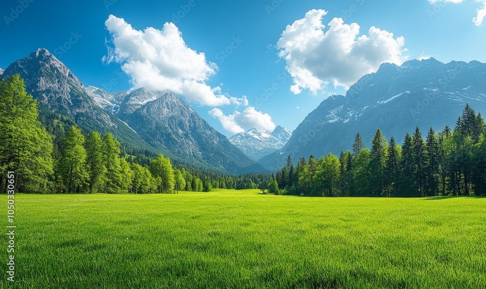 Fototapeta premium Mountain Meadow Paradise with Green Grass Fields, Majestic Mountains, Blue Sky and White Clouds on a Sunny Day - Ideal for Nature, Serenity, and Adventure, Generative AI
