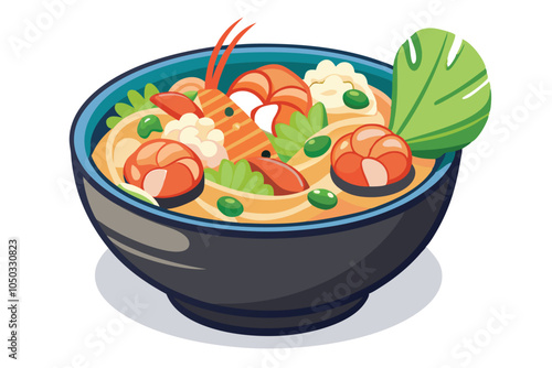 Shrimp Rice Bowl Icon Healthy Seafood and Vegetable Meal Illustration, Isolated Vector Design.