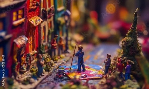 Miniature cityscape with colorful paint and figures. photo