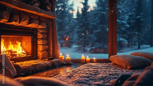 Cozy winter evening by the fireplace in a cabin with a view of a snowy forest.