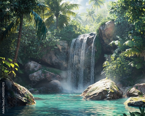 A stunning tropical landscape featuring a waterfall surrounded by thick jungle, moss-covered rocks, and lush greenery, crystal-clear water pooling at the base.