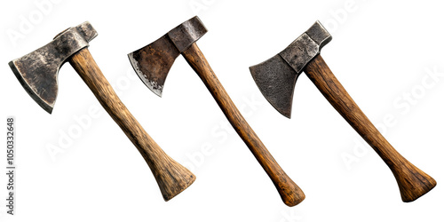 Set of vintage hand axes with wooden handles, isolated on transparent background, PNG photo