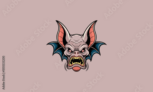 Fierce bat vector illustration with sharp fangs and wings.
