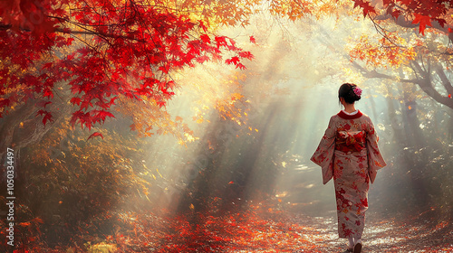 Japanese Woman Strolling Among Autumn Trees, Relaxed