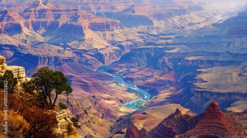 A dynamic view of the Grand Canyon with towering rock formations and the Colorado River winding through the canyon, natural setting with grand scale, Grand style
