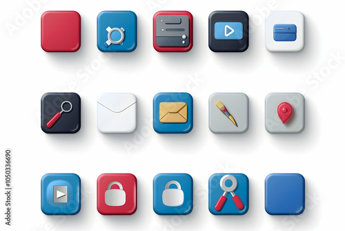 A set of 18 colorful square icons with various symbols on a white background.