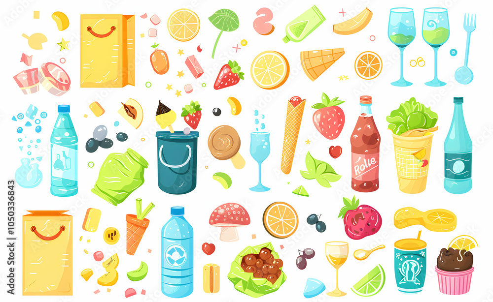 A colorful collection of various food, drinks, and other items, including a shopping bag, a bucket, and a glass of wine. A colorful collection of various food, drinks, and other items, including a shopping bag, a bucket, and a glass of wine.