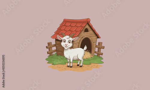 Cute goat standing near a wooden shed on a farm.